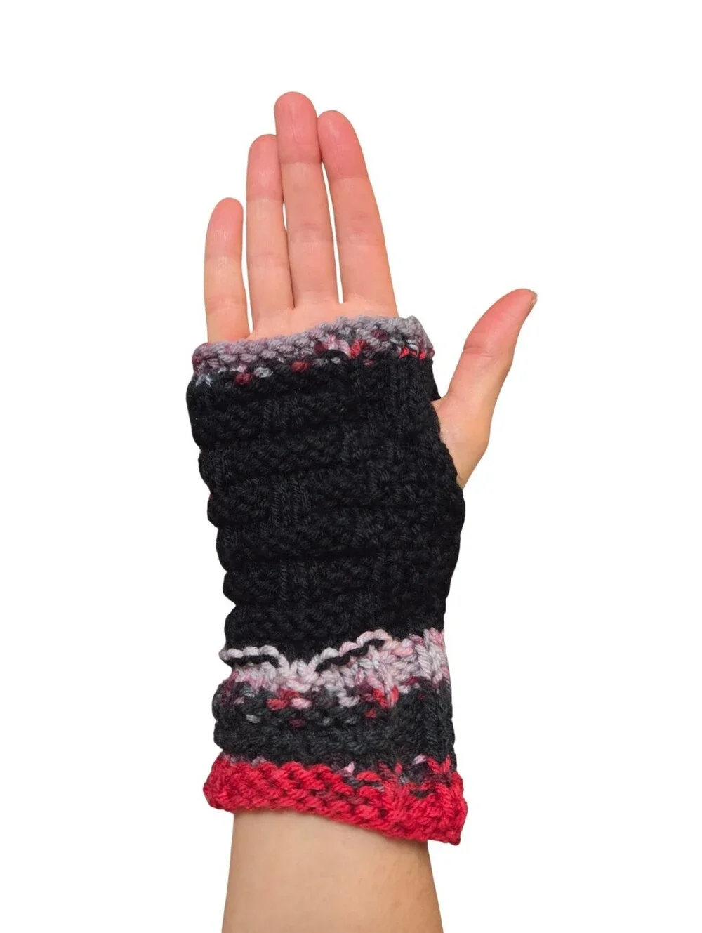 Handmade Knit Set Scarf Arm Warmers Black Red Fingerless Whimsigoth Punk Grunge
